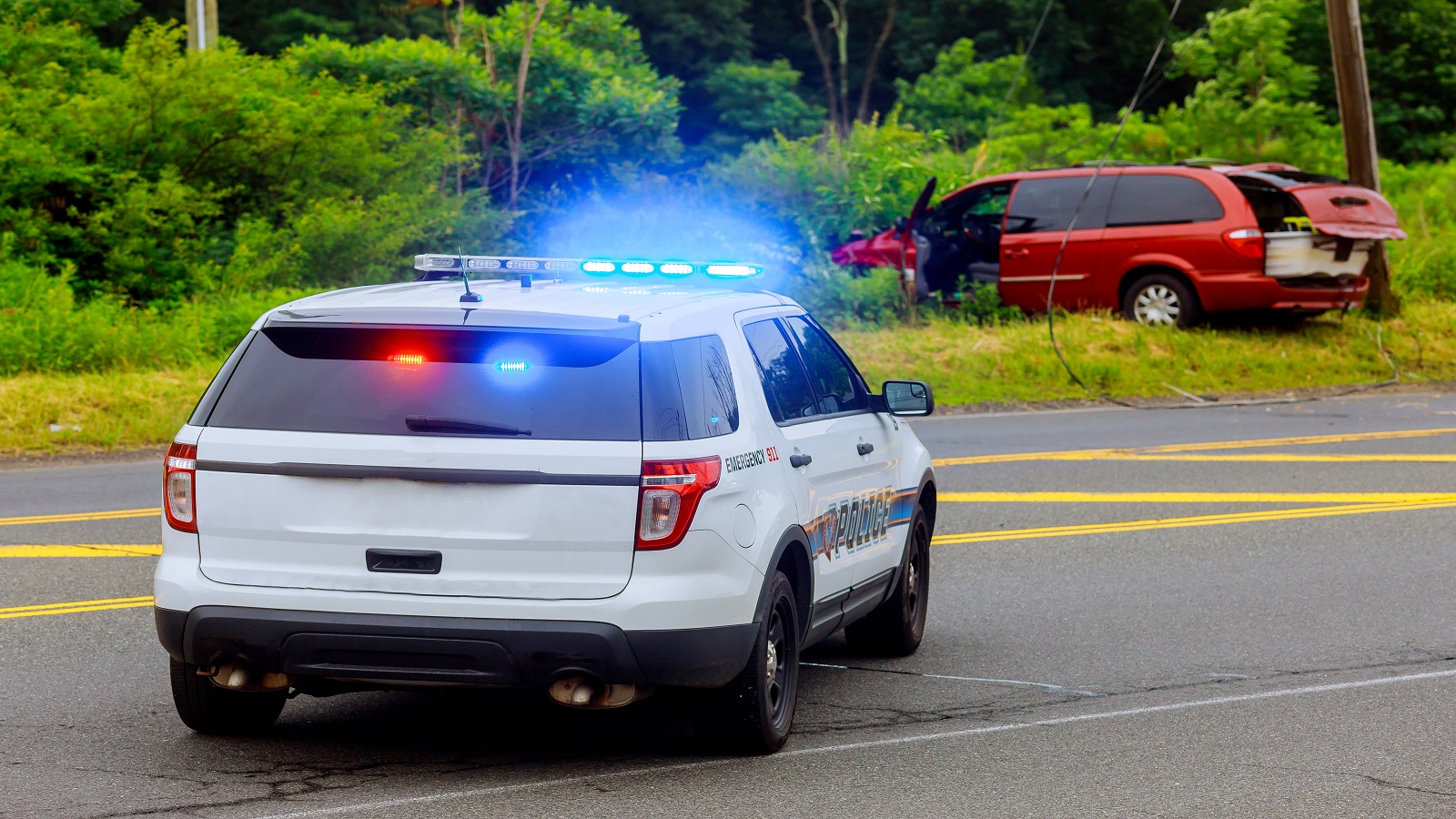 Police Flash Blue Lights Accident Damaged Car