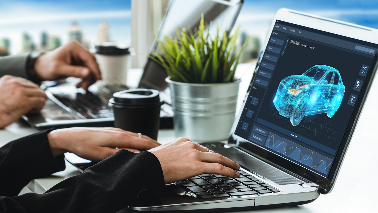 EV aerodynamics, Electric car design software on computer screen showing simulation blueprint snugly by digital calculating