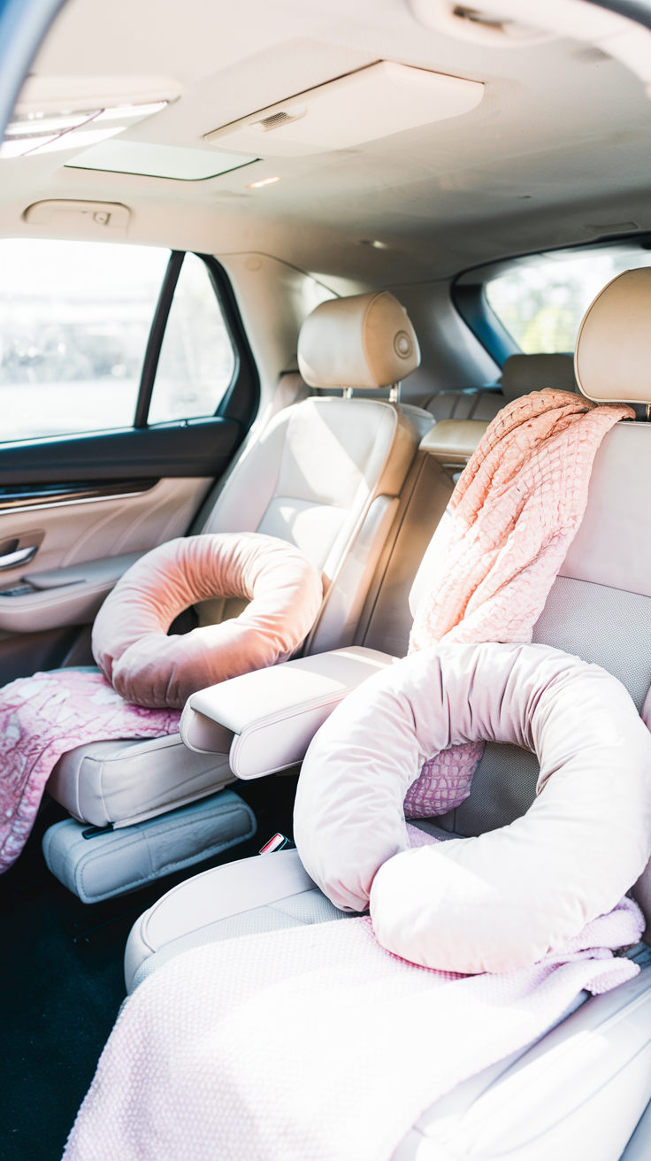 Family car with plush neck pillows, pink seat cushions, and cozy blankets.