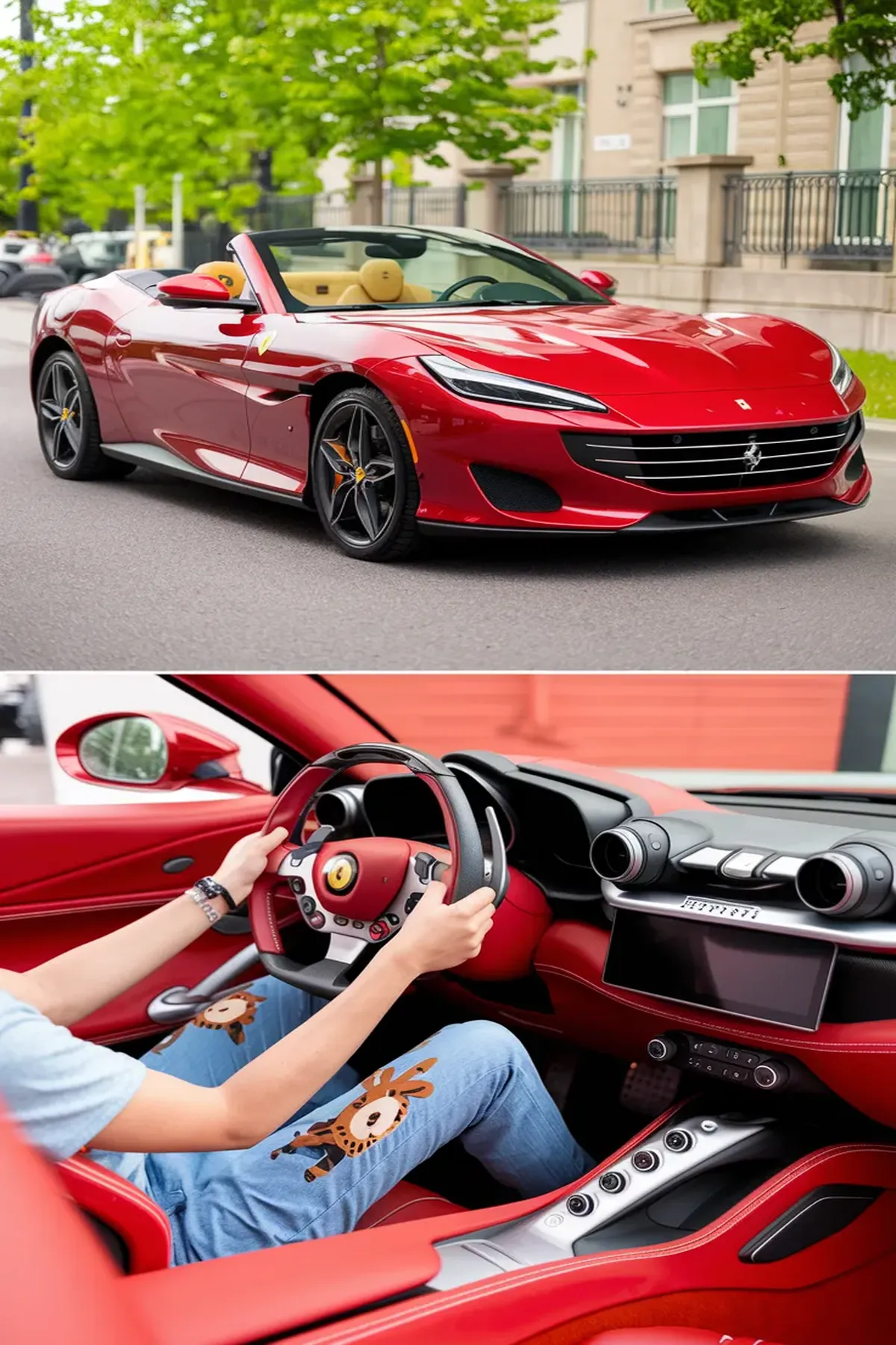 A red Ferrari Portofino convertible parked by a scenic coastal road. 