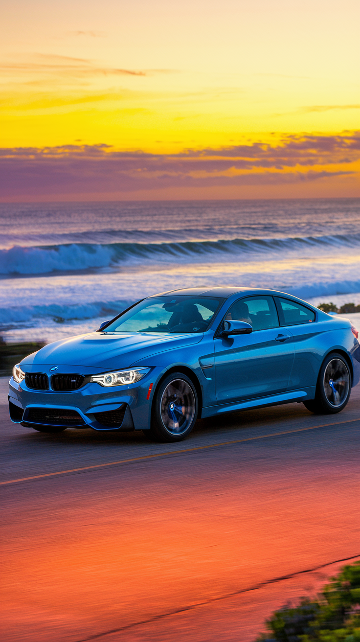 Metallic blue BMW M4 driving on a coastal road at sunset, showcasing its sleek and sporty design