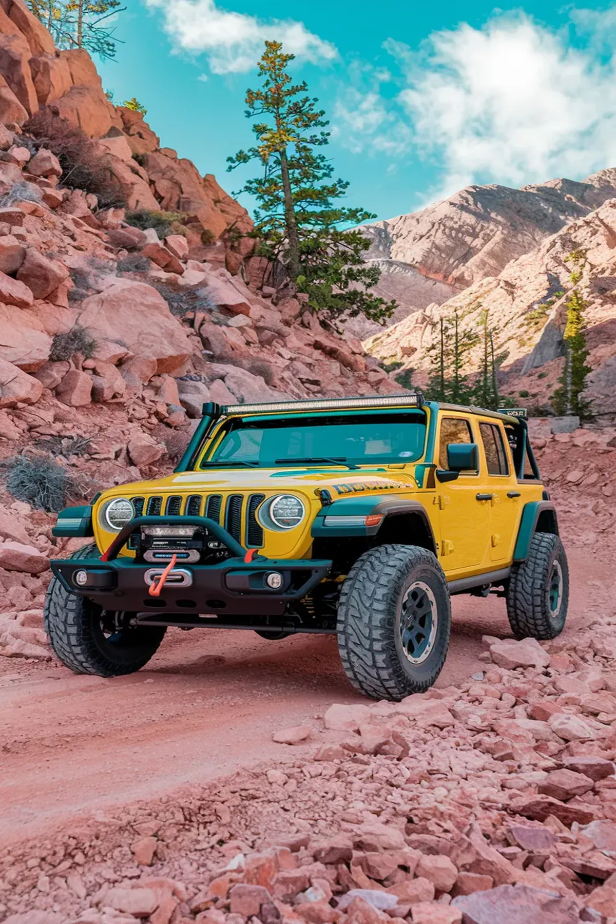 A yellow Jeep Wrangler parked on a rugged mountain road, ready for adventure. 