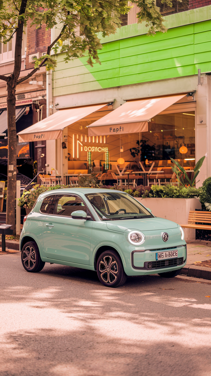 Light blue compact car parked outside a trendy café