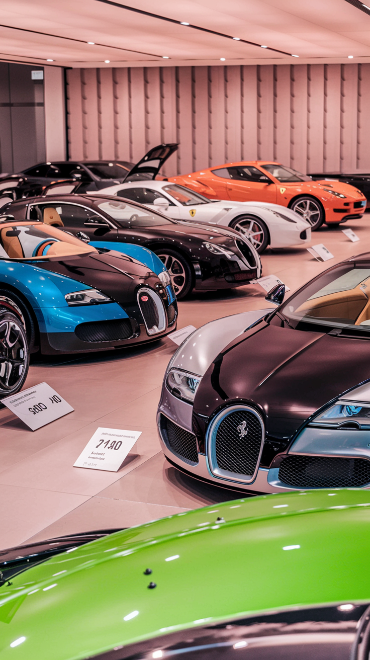 Luxury car dealership with Ferrari and Bugatti models, showcasing the true cost of luxury
