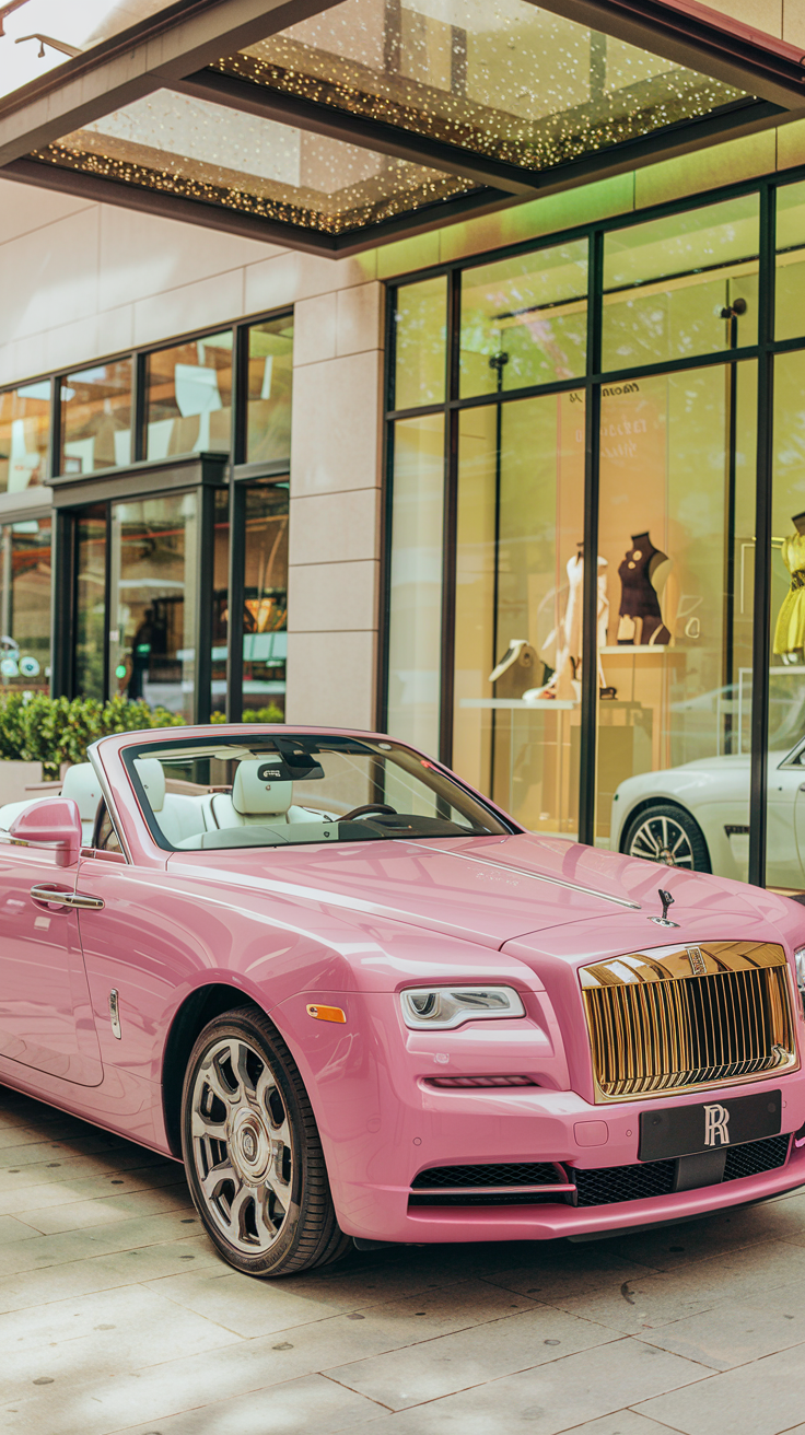 Pink Rolls-Royce convertible with white leather seats in front of a luxury boutique.
