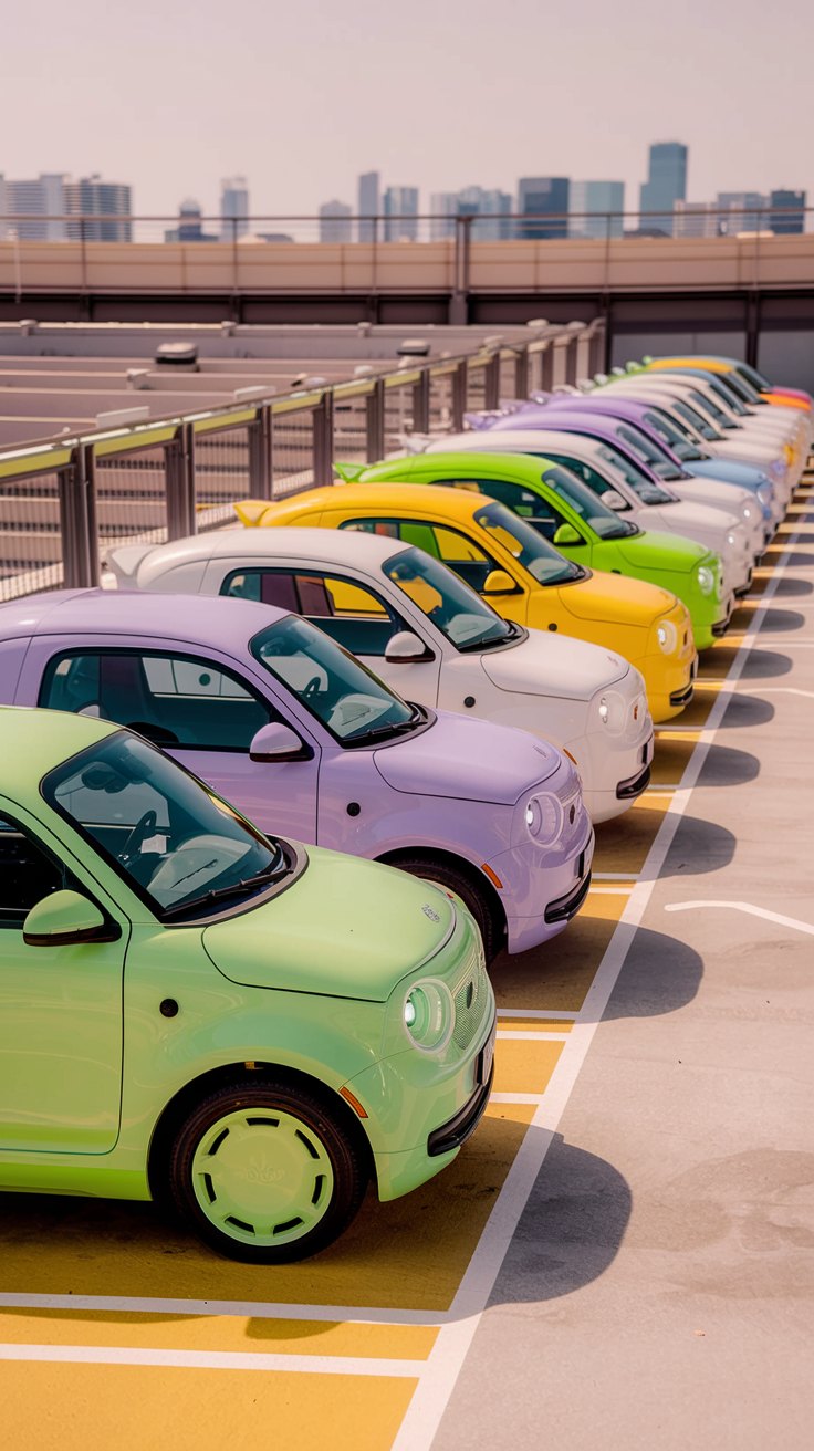 Colorful cars in mint green, lavender, and yellow in rooftop parking.