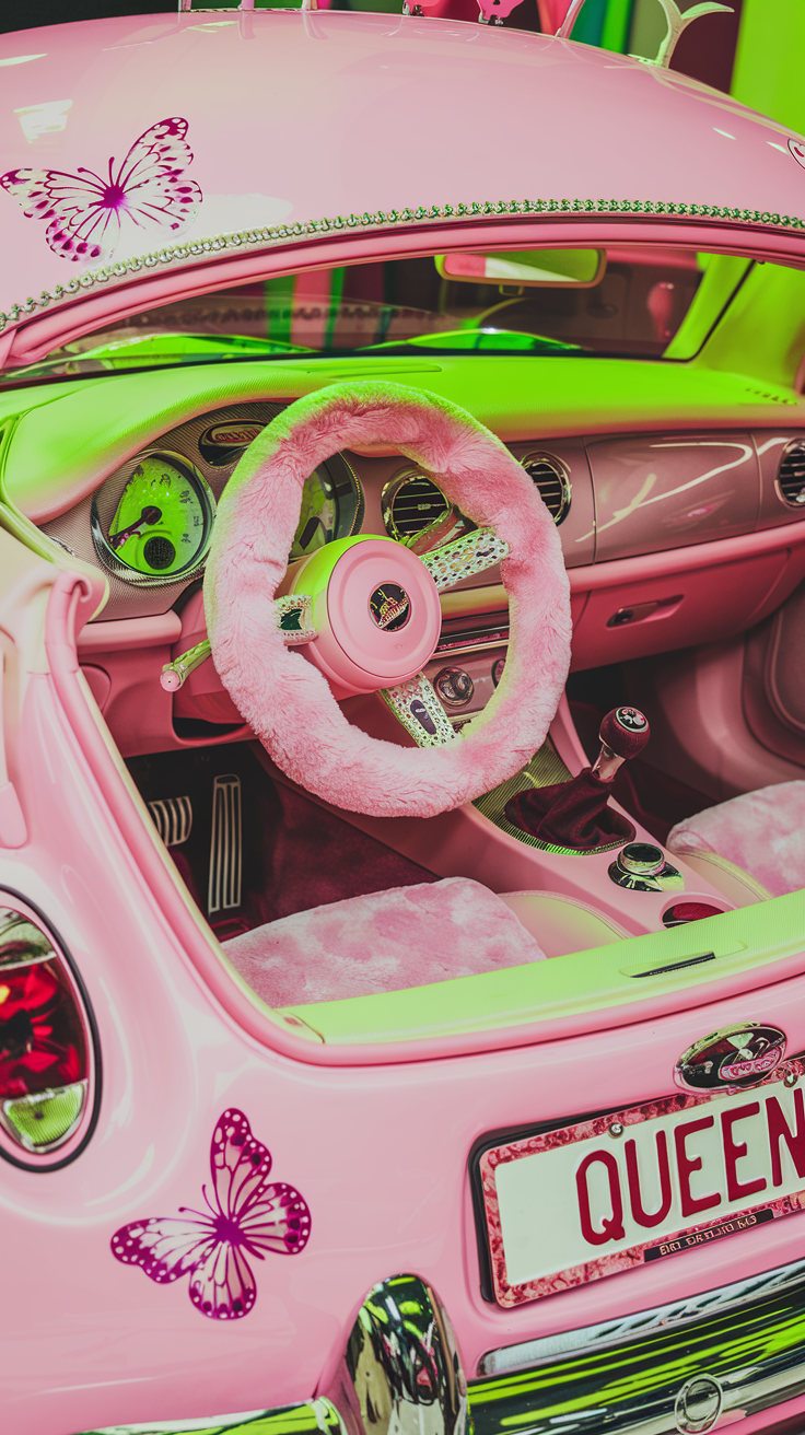 Custom pastel pink car with rhinestones, butterfly decals, and LED lights.