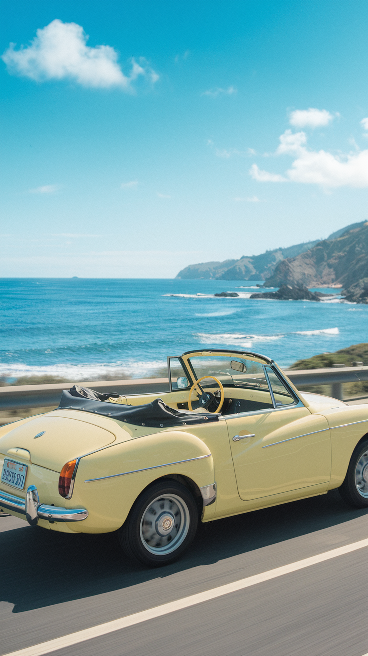 Pastel yellow convertible driving along a sunny coastal road.