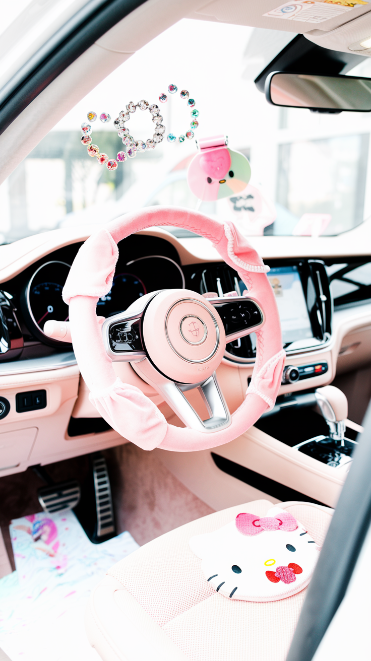 Girly car decor with pink steering wheel, rhinestone accents, and Hello Kitty details