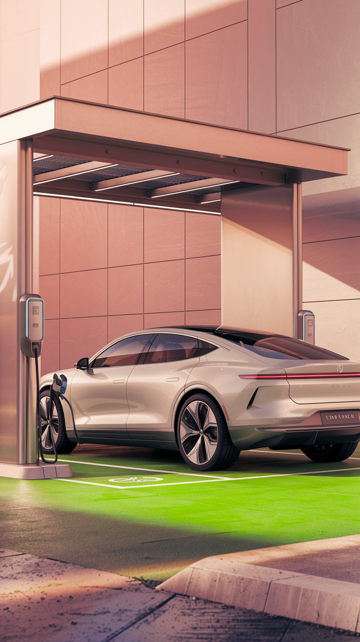 White electric car with rose gold accents charging at a modern station