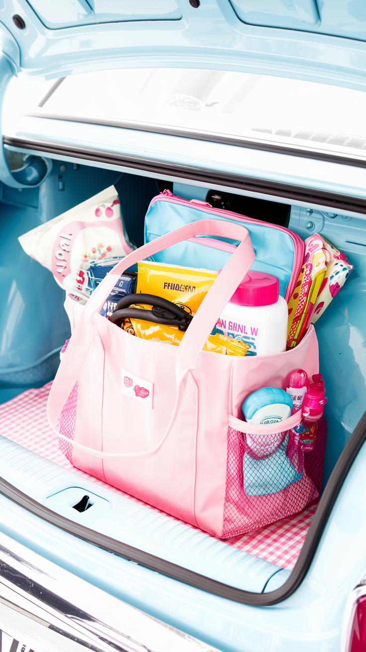 Pink emergency car kit with first-aid items, snacks, and essentials