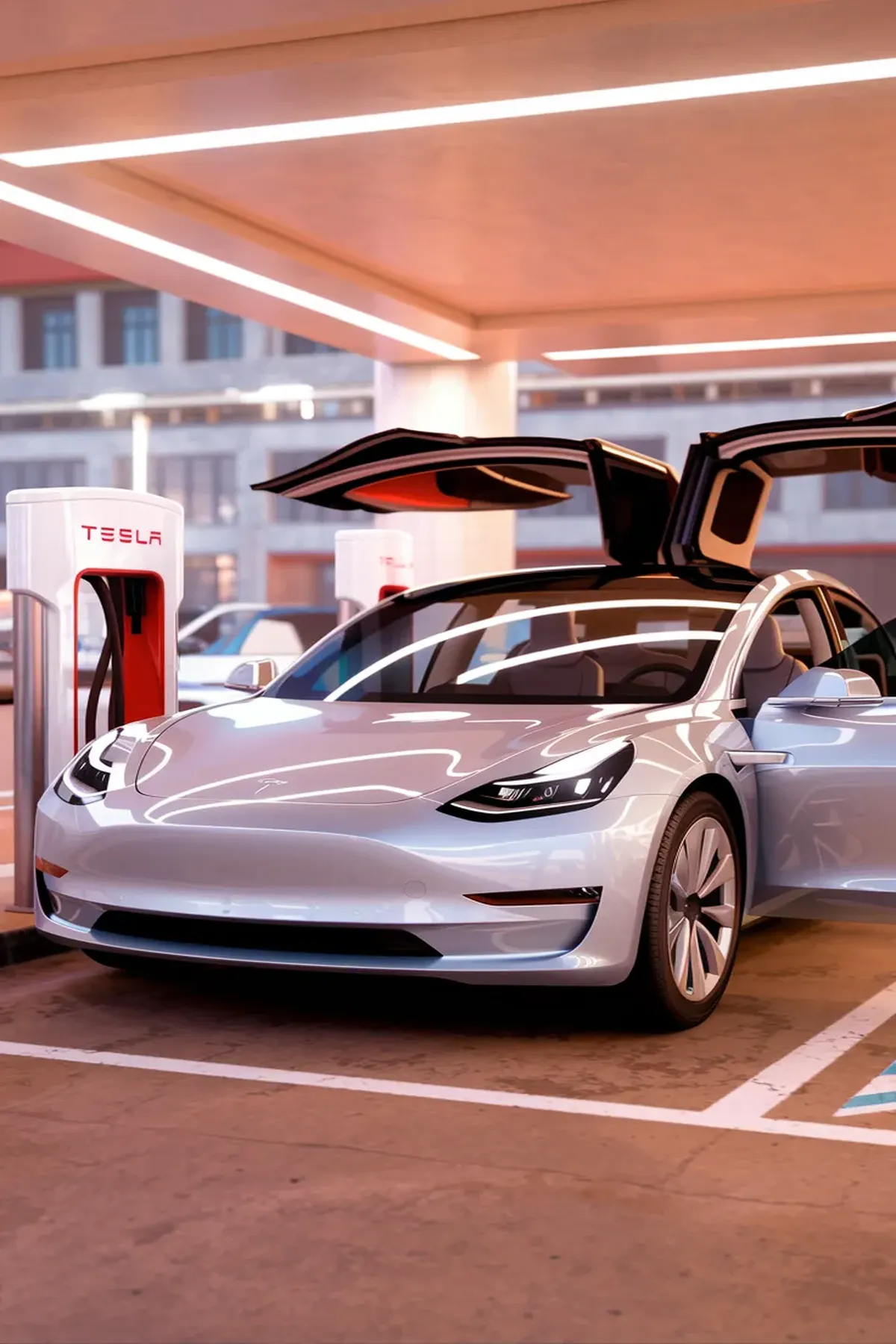 A white Tesla Model 3 parked at a charging station, highlighting its modern and eco-friendly design