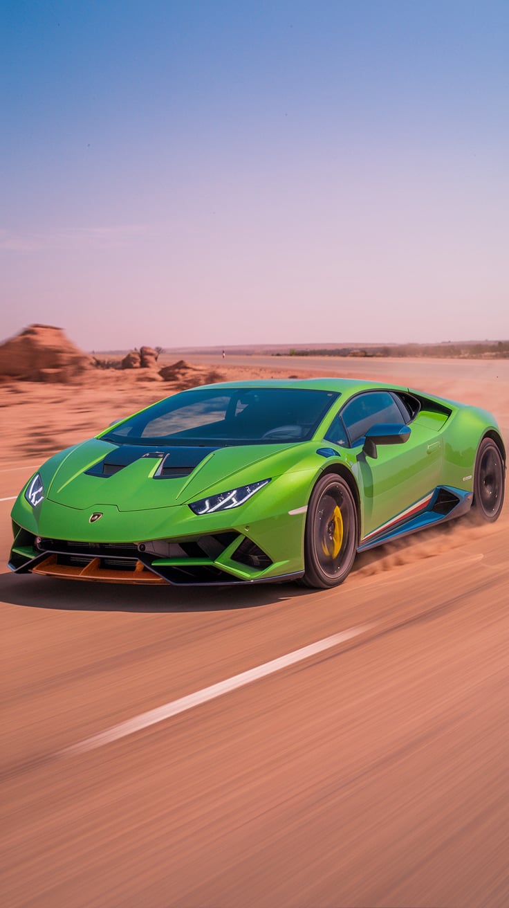 Green Lamborghini Huracán Evo speeding along a desert highway, embodying power and luxury
