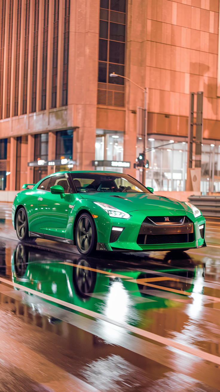 Green Nissan GT-R racing through a city at night, demonstrating its powerful build and street racing capabilities