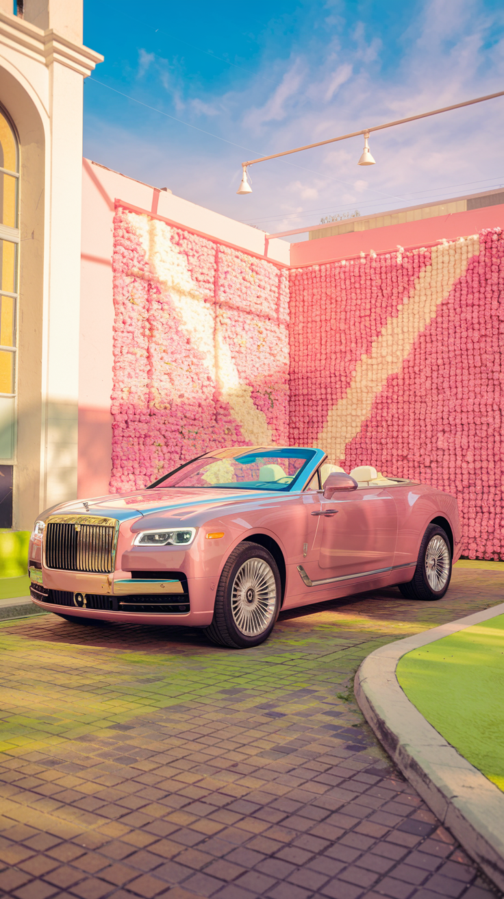 Pink luxury convertible parked in front of a flower wall.