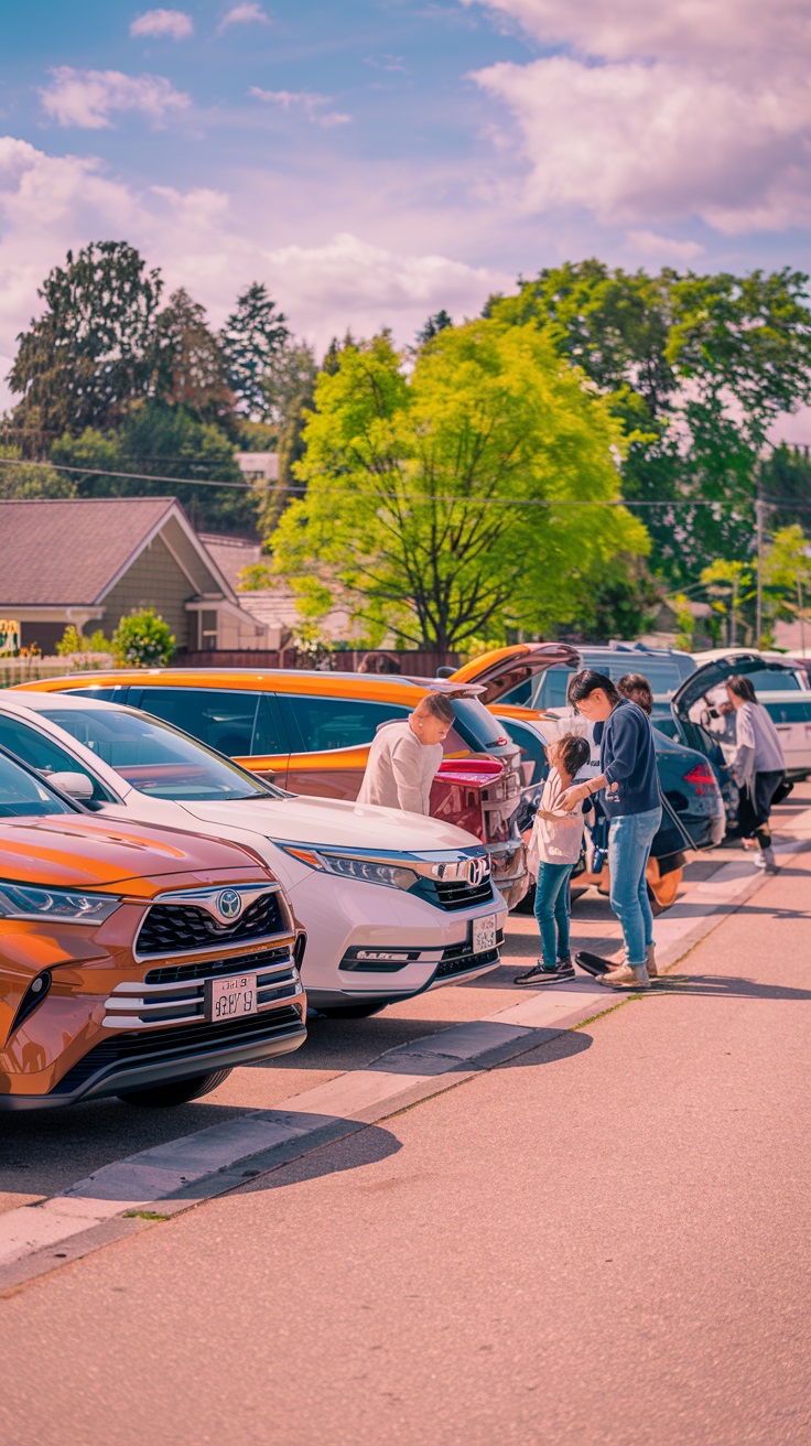 Japanese SUVs and sedans parked in a family neighborhood.
