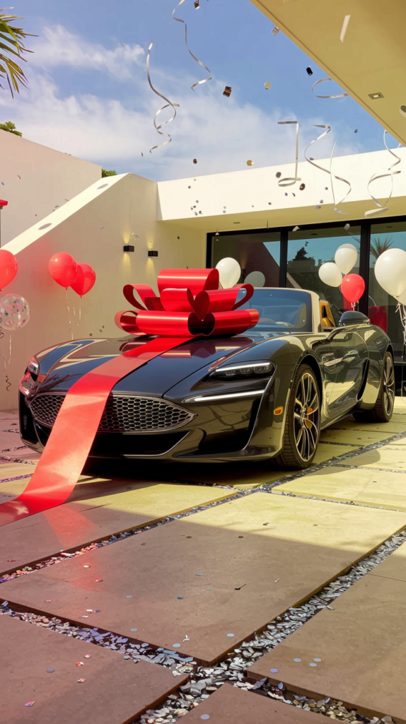 Luxury sports car with a giant red bow, perfect for a surprise gift reveal.