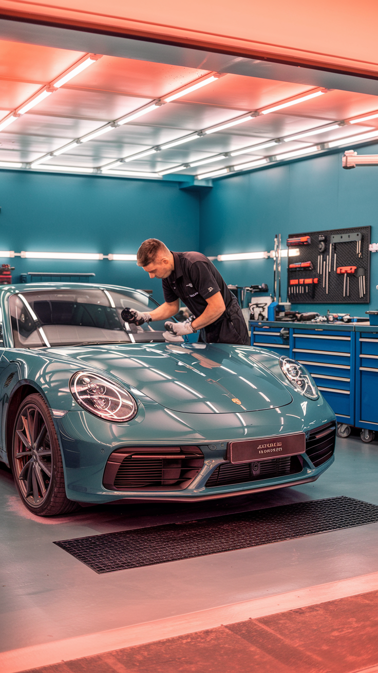Luxury sports car in a garage being polished by a mechanic, highlighting maintenance essentials.