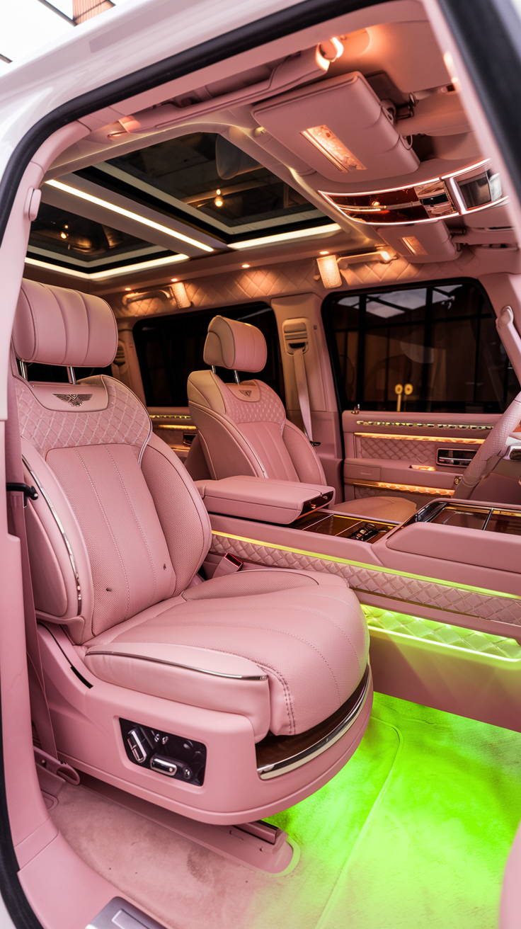 Luxury pink SUV interior with blush leather seats and rose gold accents