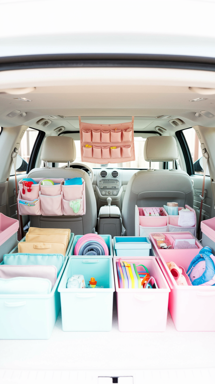 Organized car interior with pastel storage bins and backseat organizers.