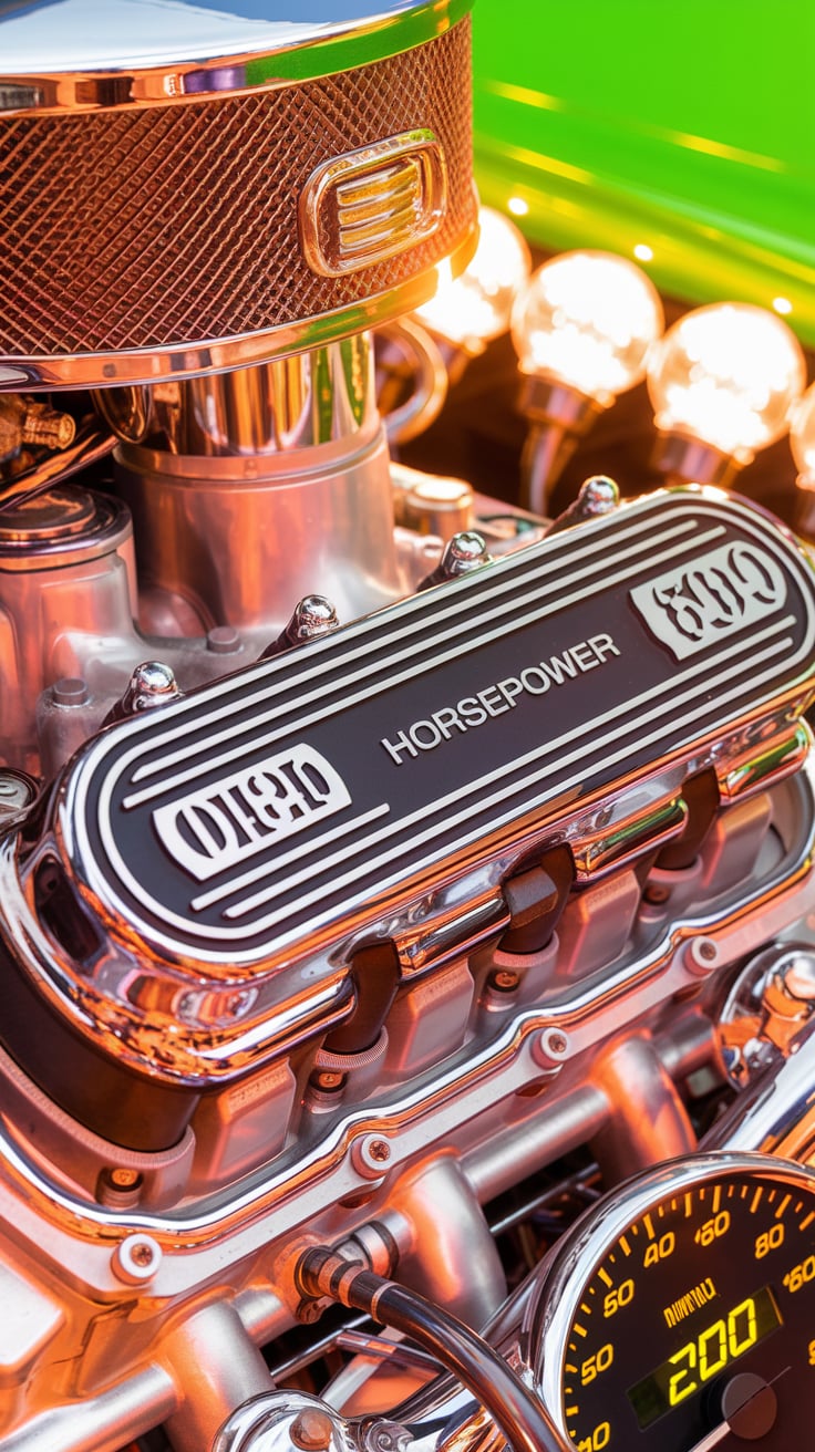 Luxury sports car engine with detailed performance specs, showing high torque and horsepower.