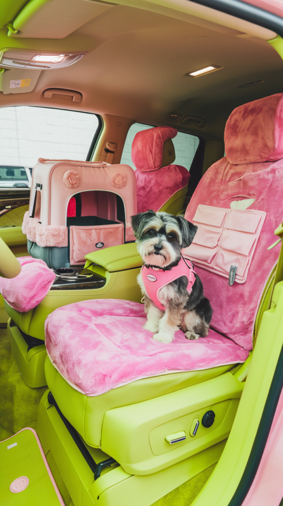Pink pet-friendly car interior with scratch-proof seat covers and dog harness