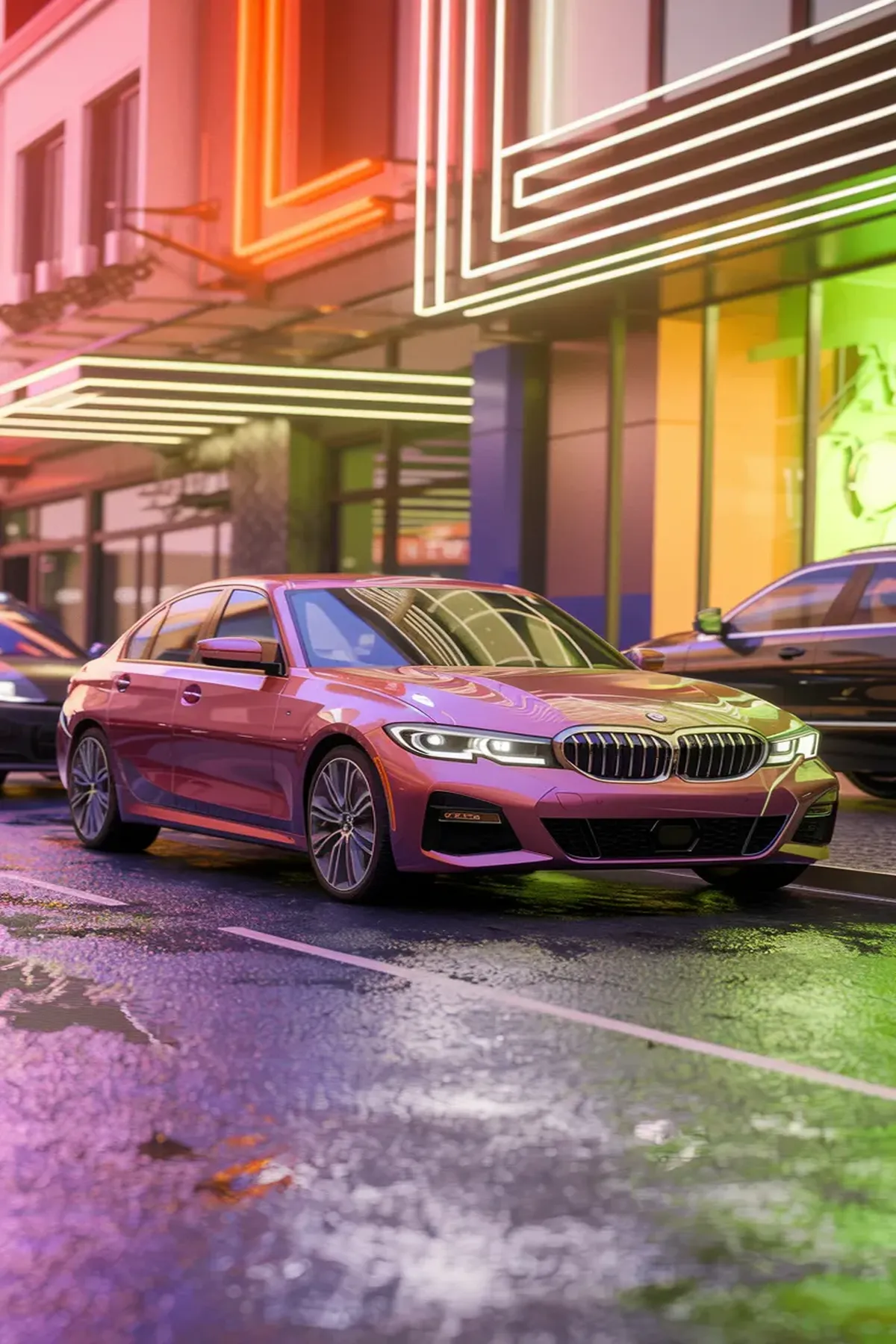 A pink BMW 3 Series parked under neon city lights, highlighting its sporty design and luxury features.