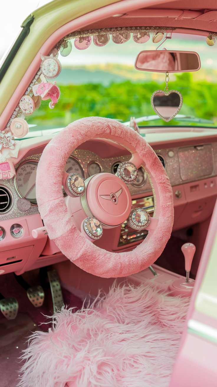 Pink car accessories including fluffy steering wheel cover and rhinestone details