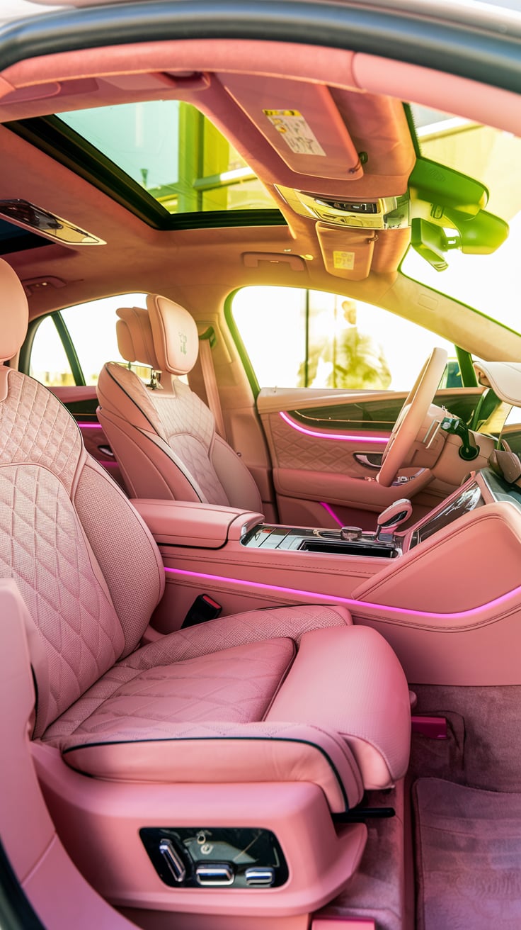 Luxury pink car interior with quilted leather seats, bubblegum accents, and ambient lighting