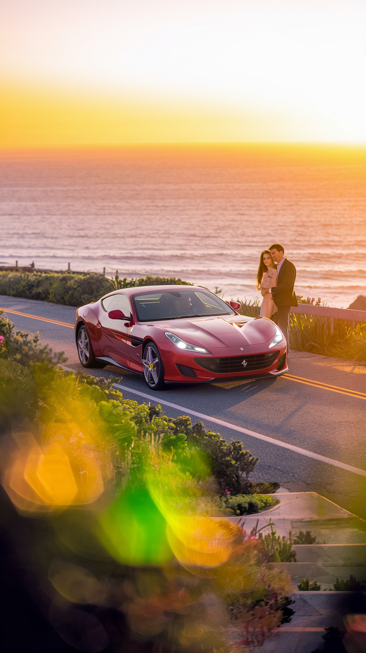 Luxury sports car parked by a coastal road at sunset, with a couple posing for pictures.