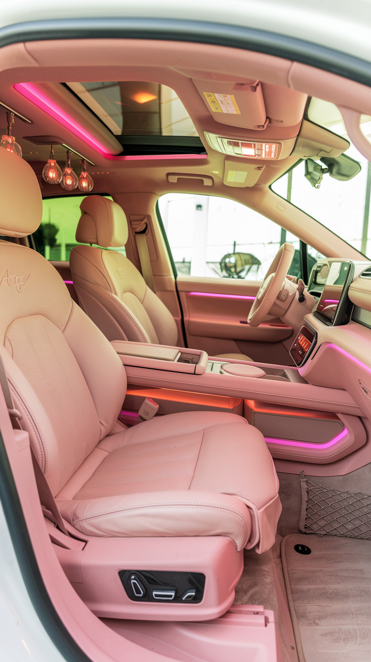 Functional pink car interior with waterproof seats and organized storage