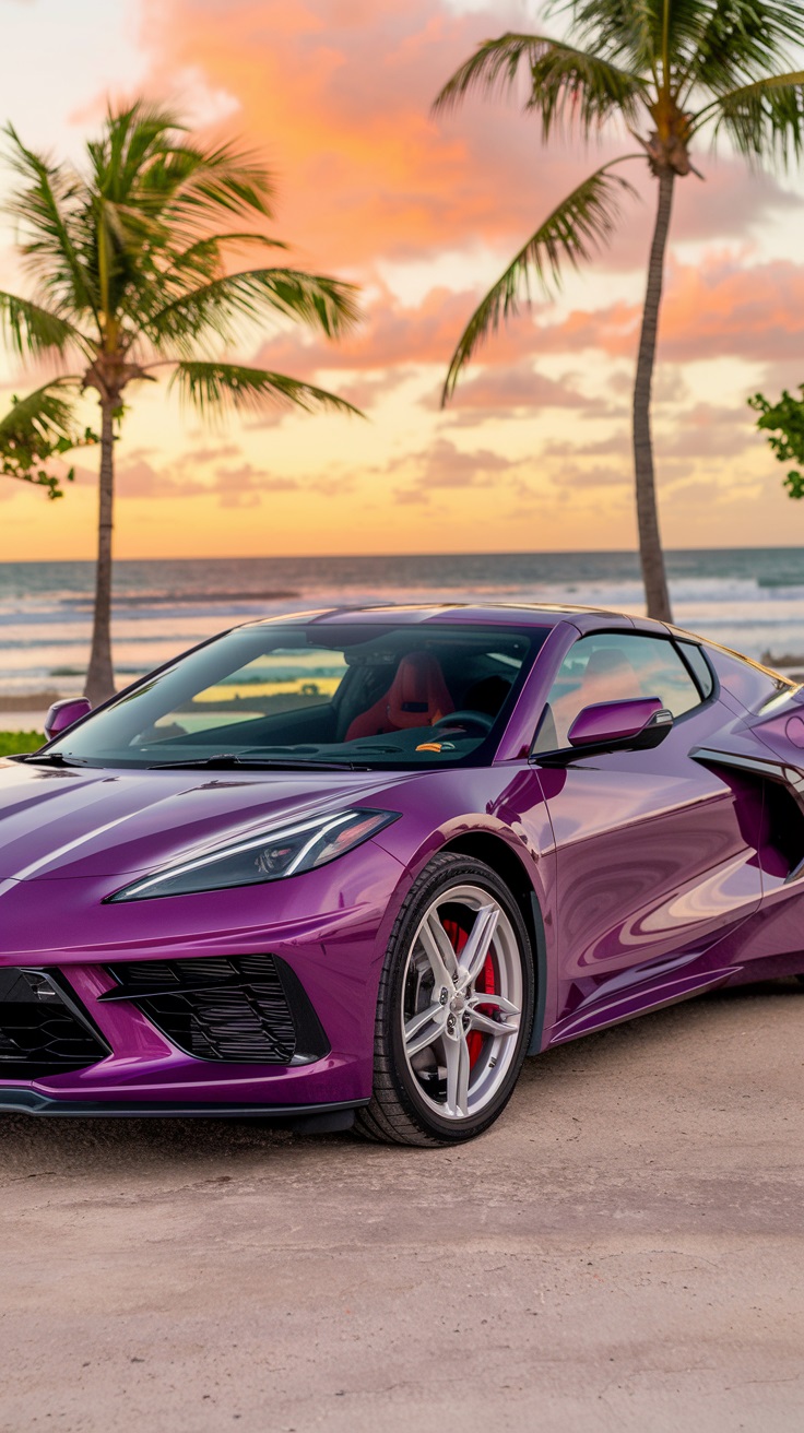 Purple Chevrolet Corvette by the beach at sunset, emphasizing its sleek design and adventurous spirit