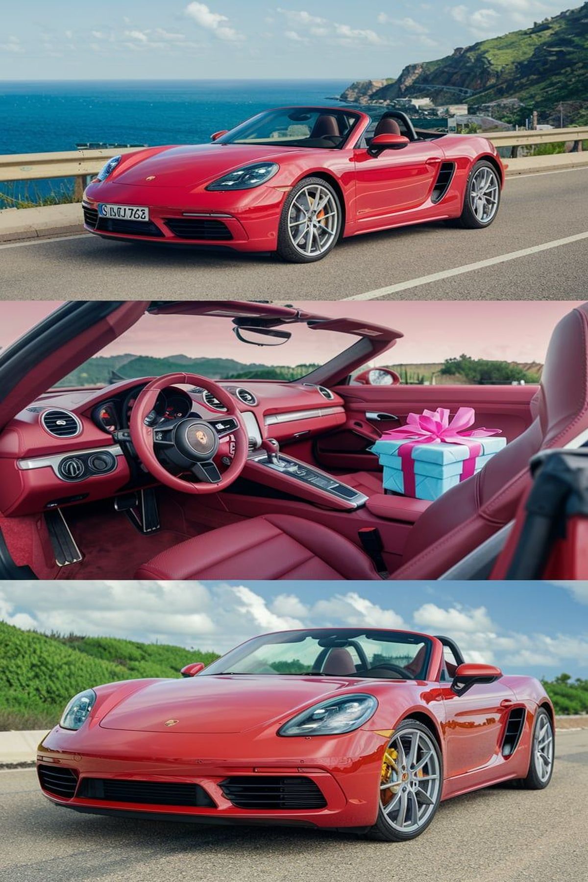 A red Porsche 718 Boxster convertible parked by a coastal highway, reflecting its sporty and luxury appeal