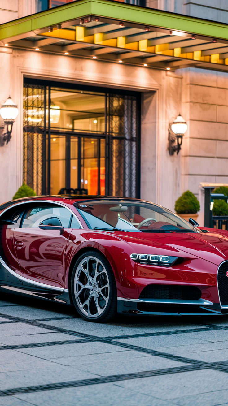 Red Bugatti Chiron parked outside a luxurious hotel at night, illustrating its opulence and advanced design