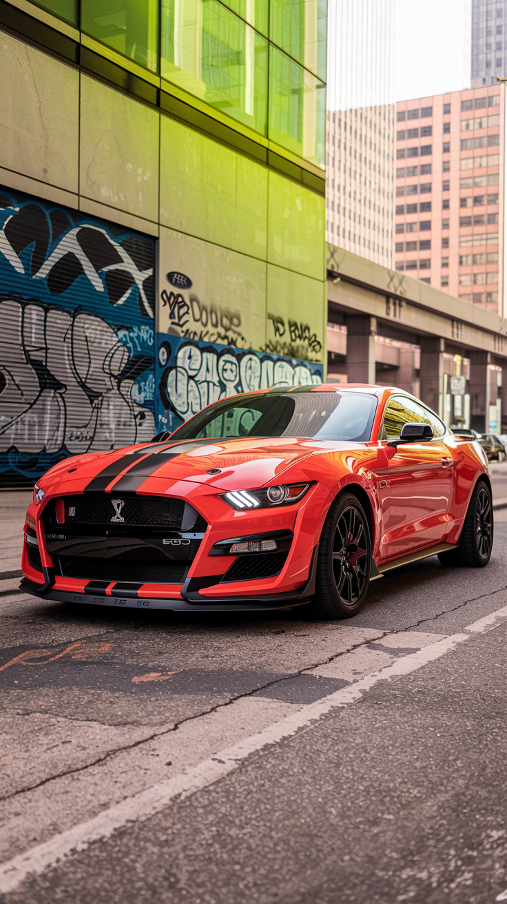 Red Ford Mustang Shelby GT500 parked on a city street, displaying its muscular build and stylish design