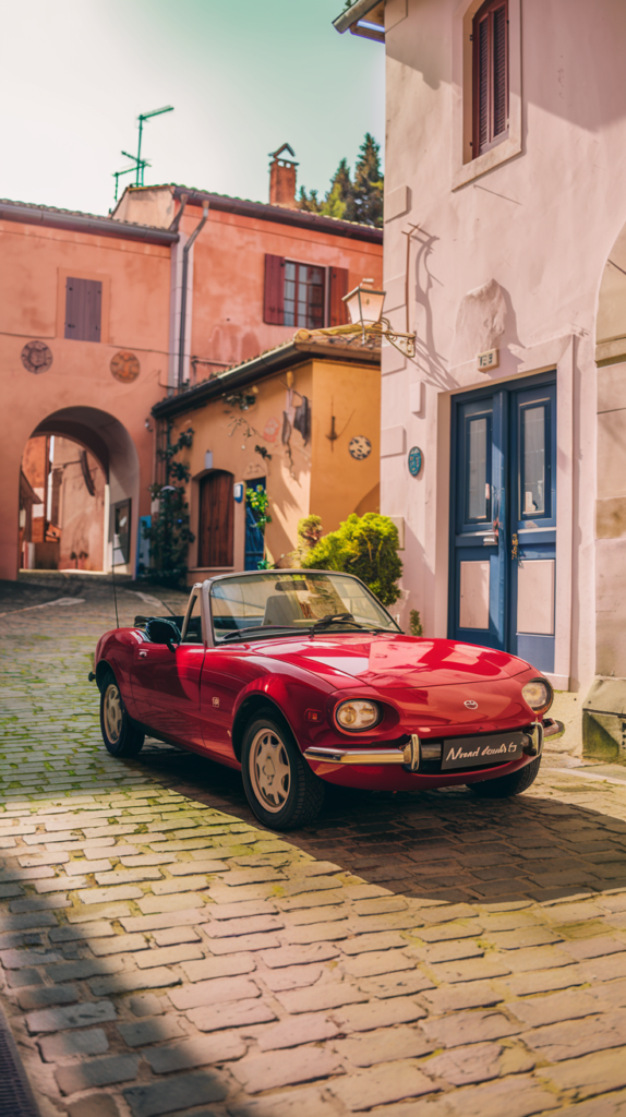 Red Mazda MX-5 Miata convertible on a cobblestone street in a picturesque European village