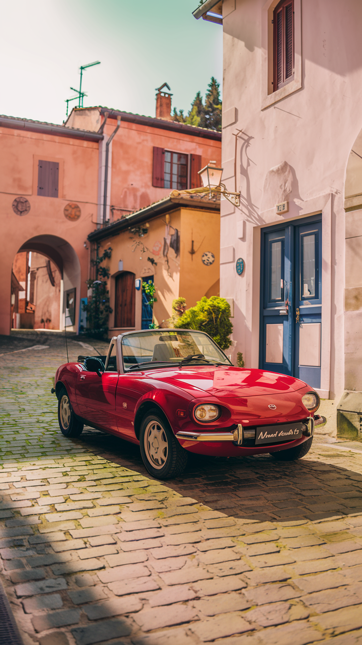 Red Mazda MX-5 Miata convertible on a cobblestone street in a picturesque European village