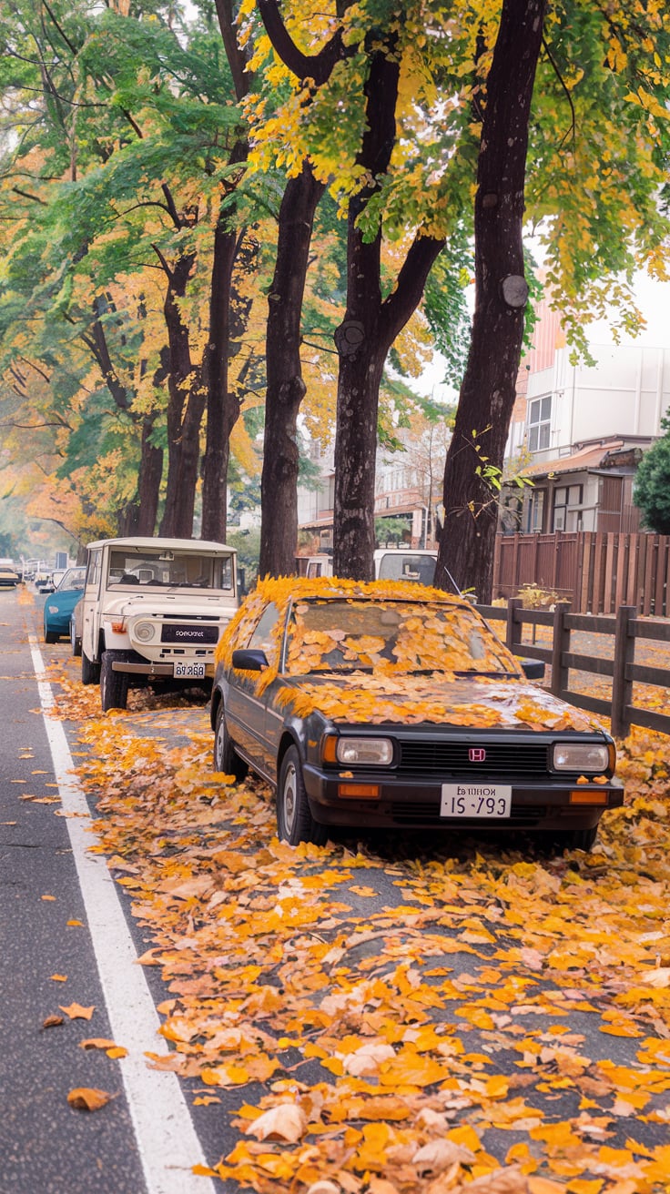Vintage Japanese cars on a tree-lined road during autumn