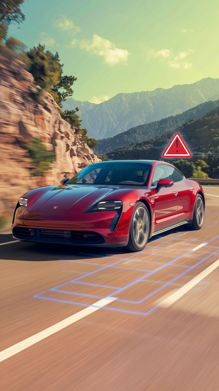 Red Porsche sports car on a mountain road with highlighted safety features like lane assist and collision alerts.