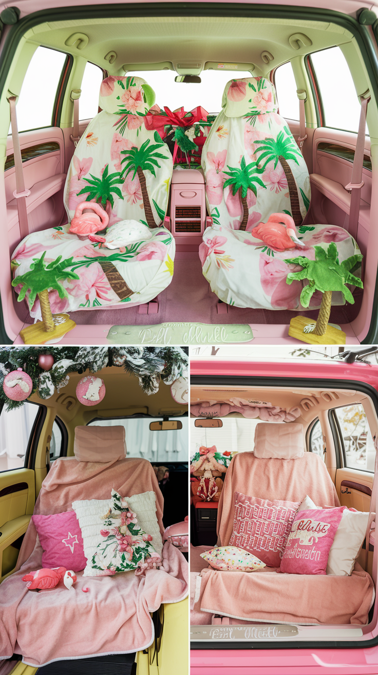 Seasonal pink car interiors with spring florals, summer pastels, and winter throws