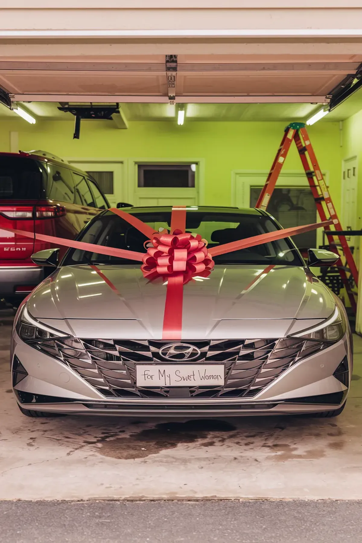 A silver Hyundai Elantra parked in a suburban driveway, highlighting its modern design. 