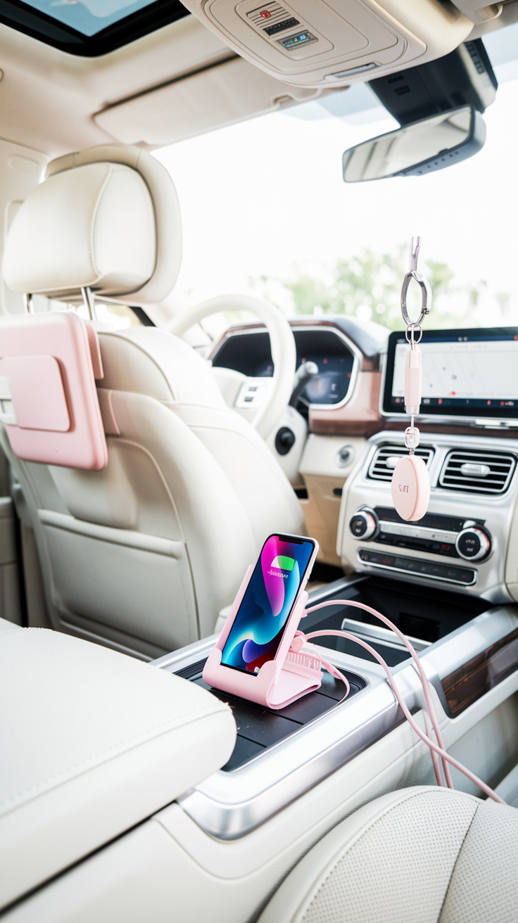Car interior with wireless charger, backseat tablet holder, and pink Bluetooth tracker