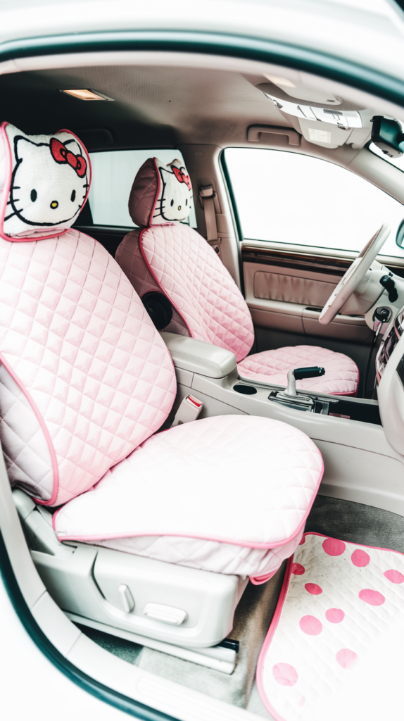 Pink quilted waterproof seat covers with Hello Kitty headrest.