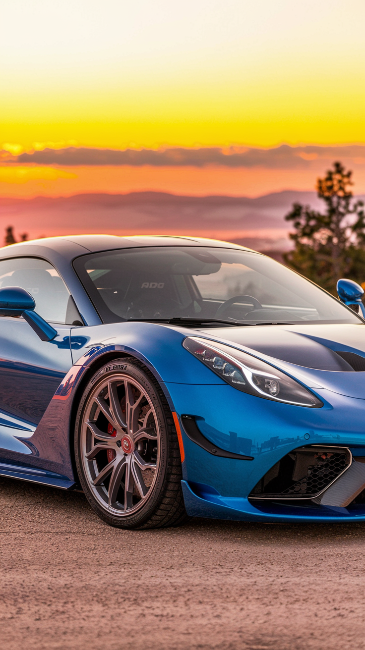 Metallic blue customized luxury sports car with sporty rims at sunset.
