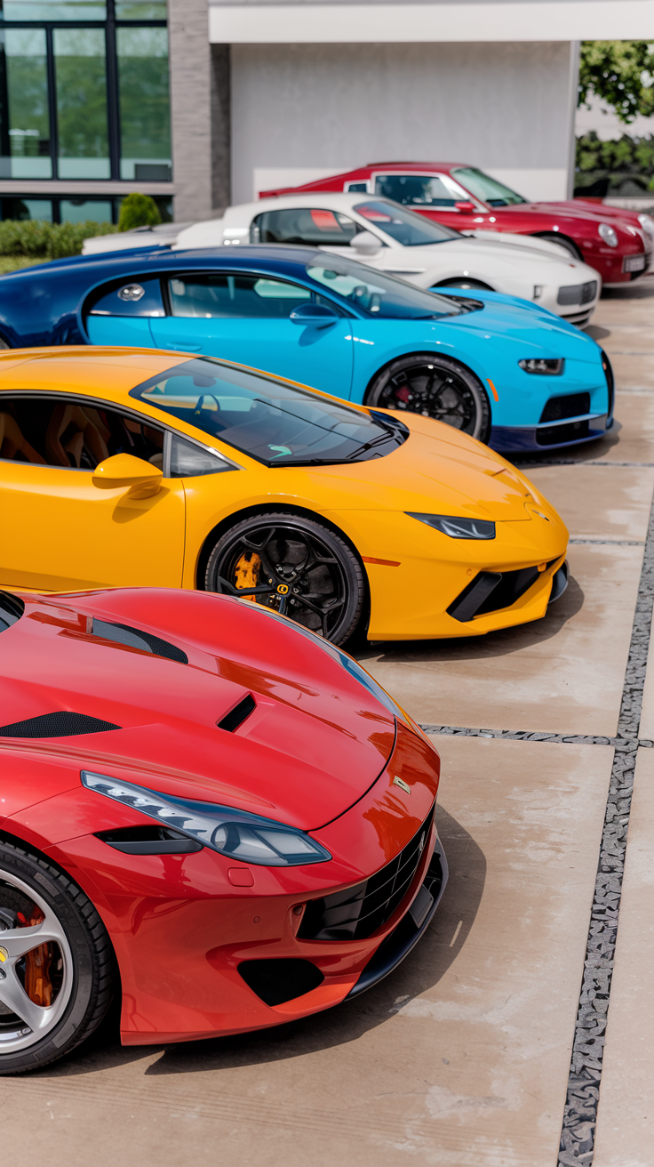 Lineup of luxury sports cars including Ferrari, Lamborghini, and Bugatti, showcasing different styles and personalities.