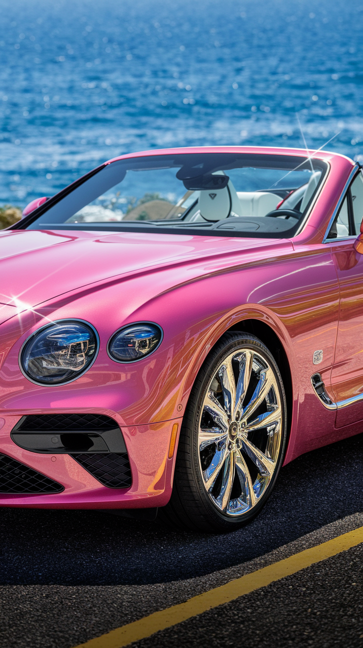 Hot pink luxury convertible parked by the ocean with chrome wheels.