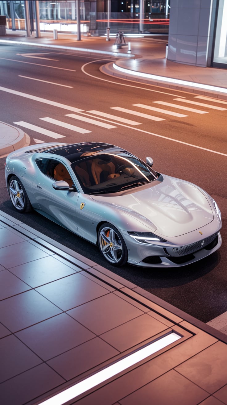 White Ferrari parked under city lights, highlighting its futuristic design and luxury appeal