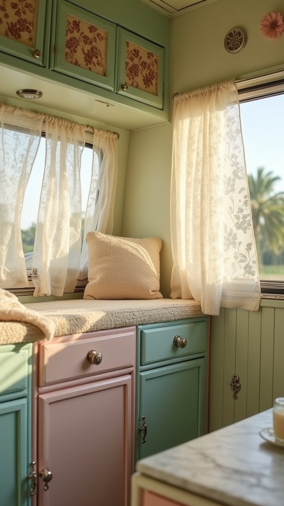 Pastel-Painted Cabinetry With Lace Curtains