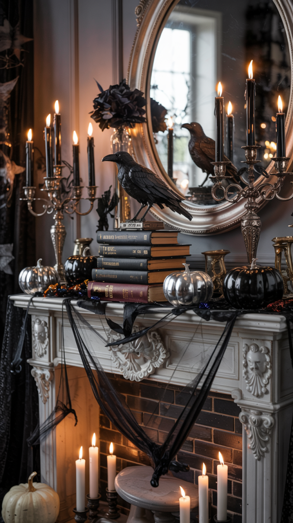 15 Gothic Indoor Halloween Decorations for a Raven-Inspired Fireplace Mantel