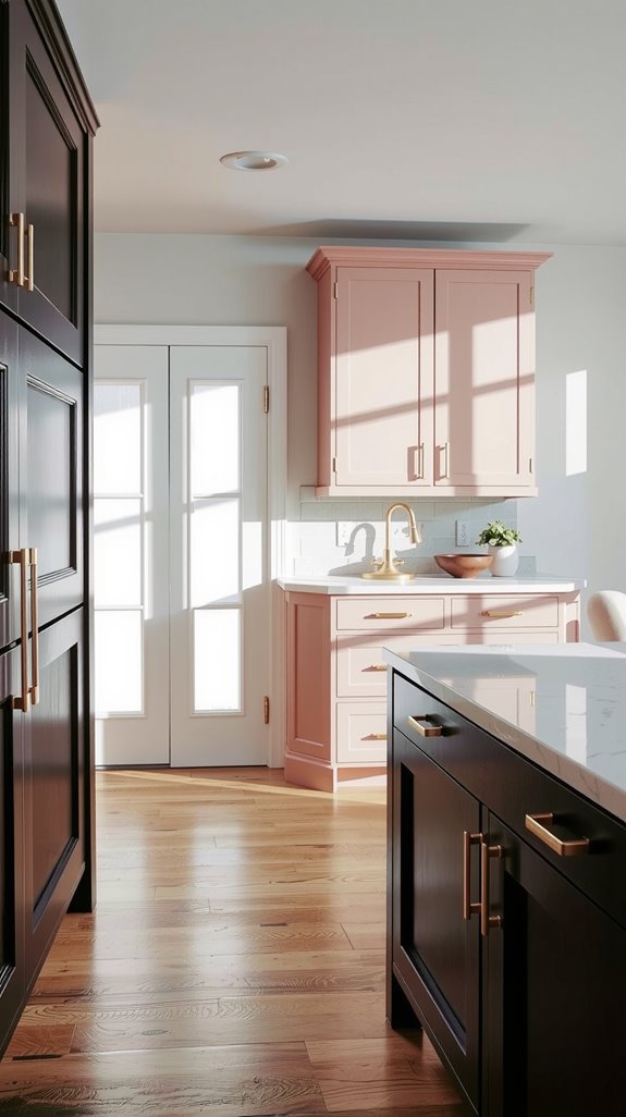 blush upper cabinets contrast